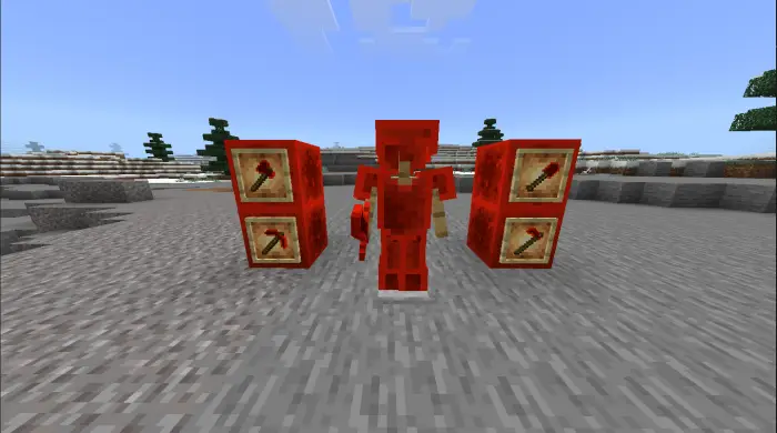 Player in red armor with red tool displays