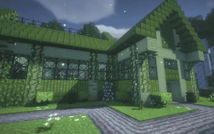 Modern block house with lush greenery