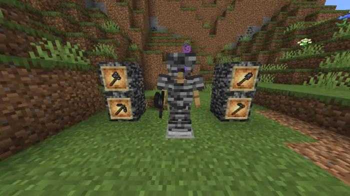Player in striped armor with tools display