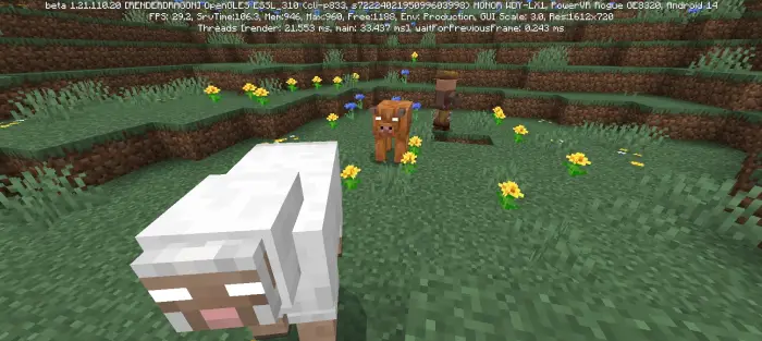 Sheep, cat, and villager on grassy terrain