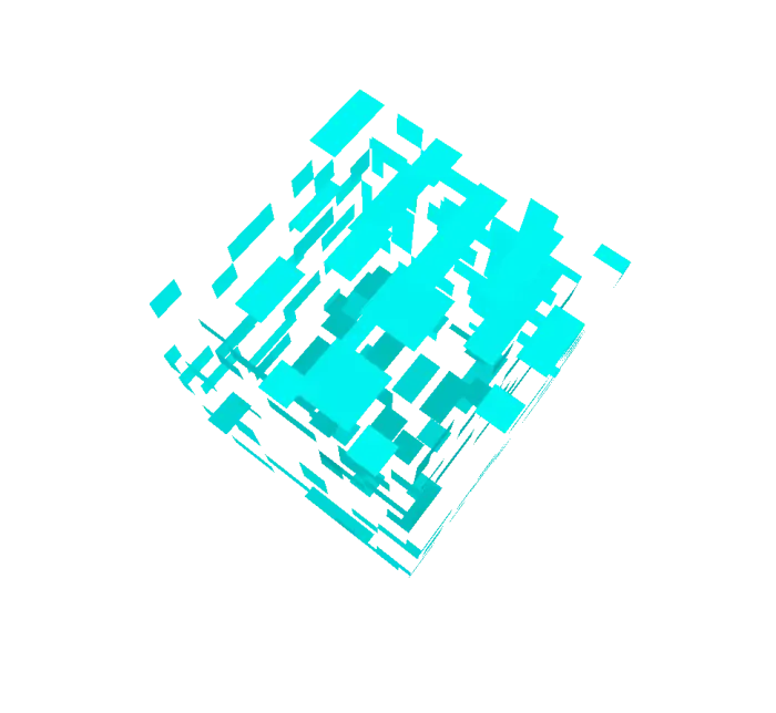 Glowing pixelated cyan cube with effects