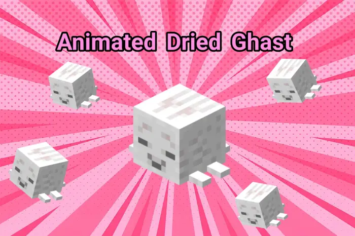 Five animated Dried Ghast mobs on pink burst