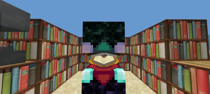 Enchantment table surrounded by bookshelves