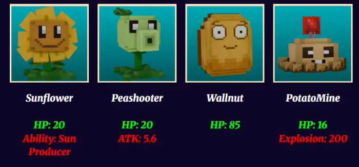 Sunflower, Peashooter, Wallnut, Potato Mine stats