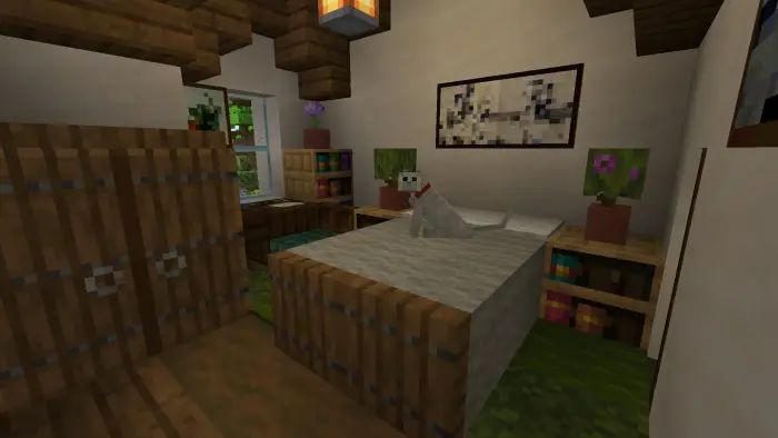 Cozy elven bedroom with a dog on the bed