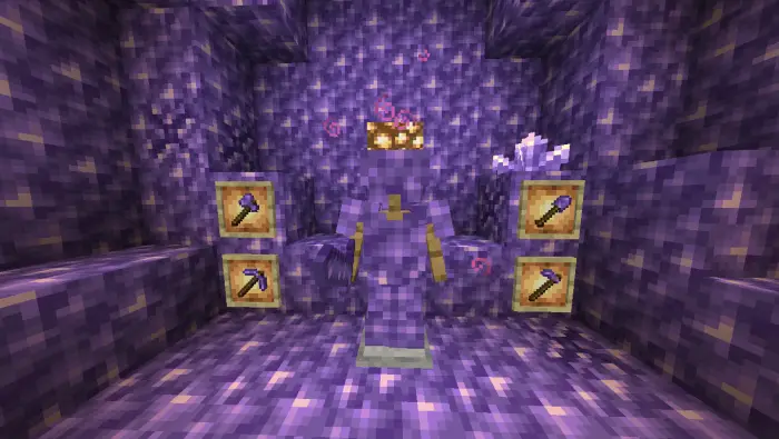 Player wearing purple armor with matching tools