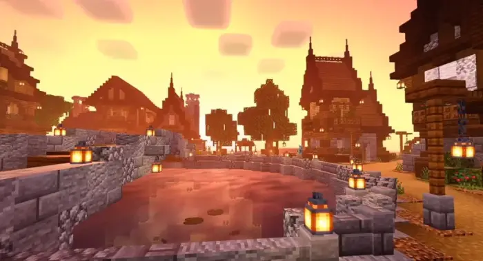 Warm sunset lighting over village pond