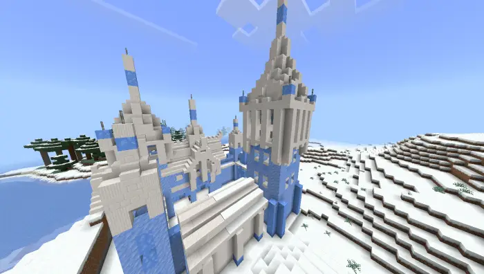 Icy castle towers in a snowy landscape