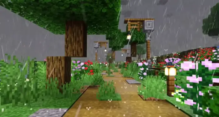 Rainy garden path with enhanced lighting.