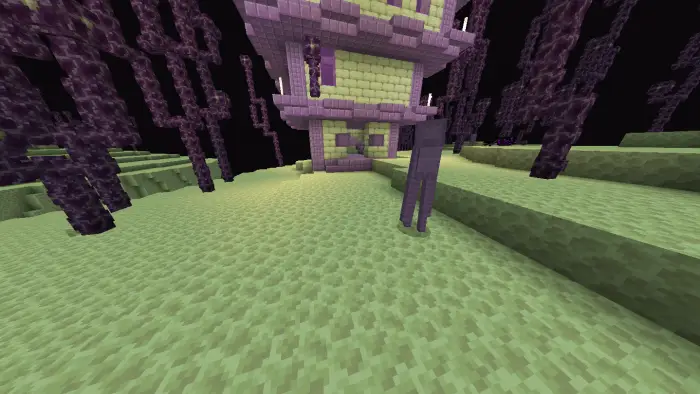 Tall creature near purple tower and trees