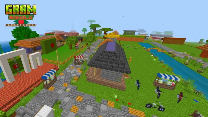 Colorful rural village with shops and river