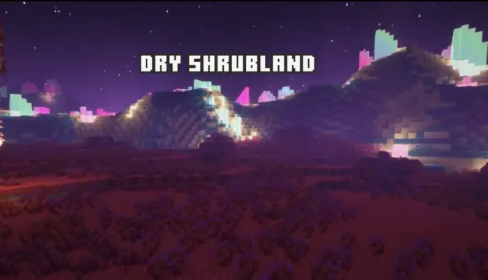 Blocky purple landscape labeled Dry Shrubland