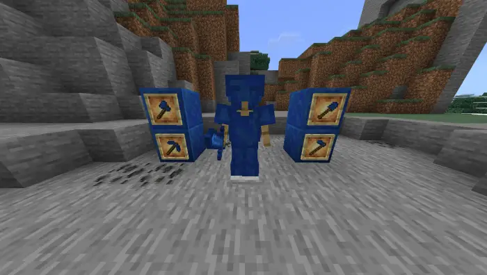 Blue armored character with tool display stands