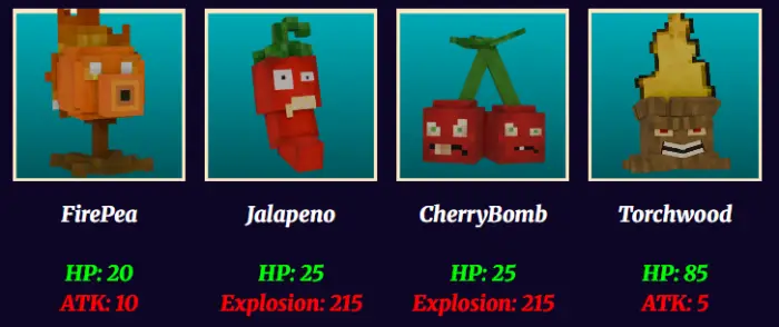Four blocky plant characters with stats shown.