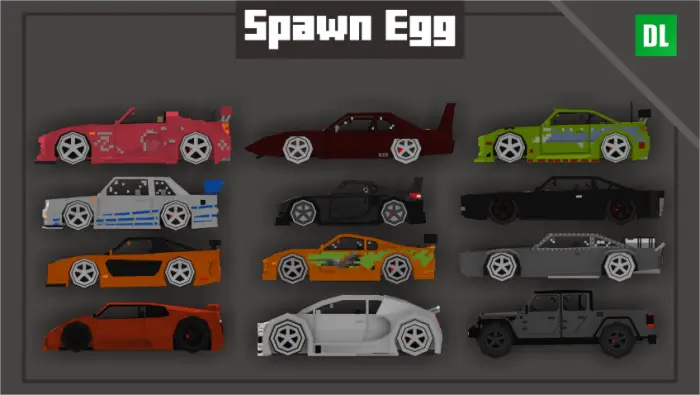 Blocky sports cars in various colors and styles