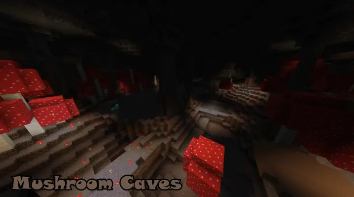 Large red mushrooms in a dark cave biome
