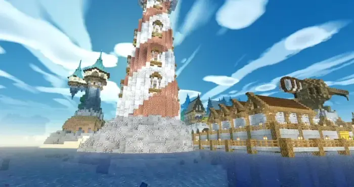 Lighthouse and buildings with realistic lighting