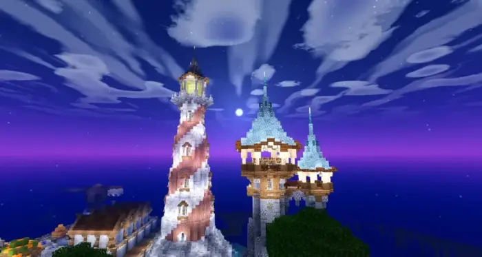 Lighthouse and castle with vibrant night sky