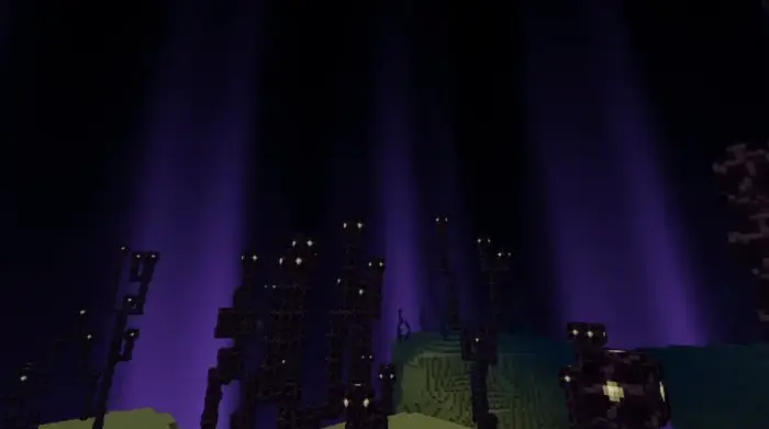 Purple light rays illuminate blocky landscape