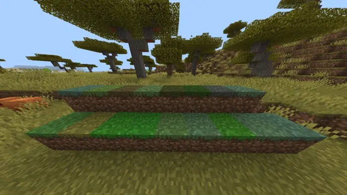 Rows of grass blocks in various green shades