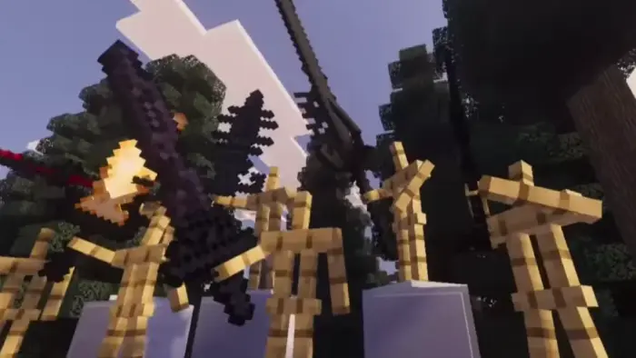 Mannequins display large swords outdoors