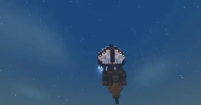 Voxel airship under vibrant starry sky