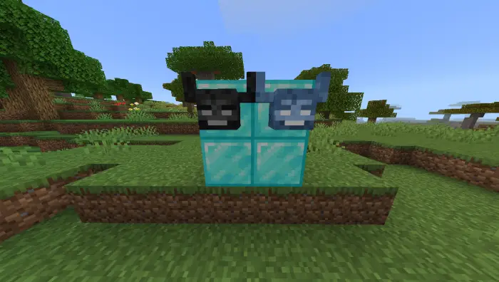 Two horned skulls on diamond blocks outdoors