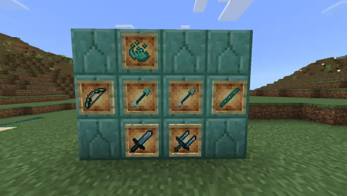 Underwater-themed weapons and items display