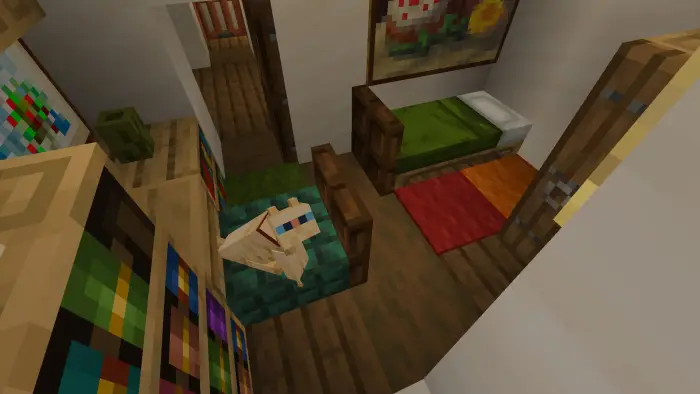 Cozy elven house bedroom with beds and cat