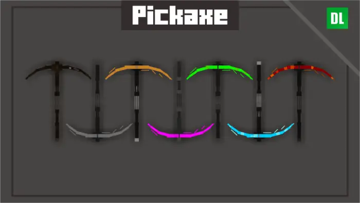 Six colorful, futuristic pickaxe designs.