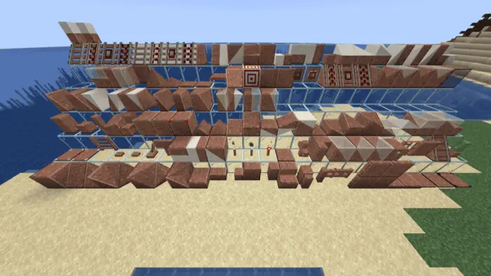 Various building blocks arranged on a beach