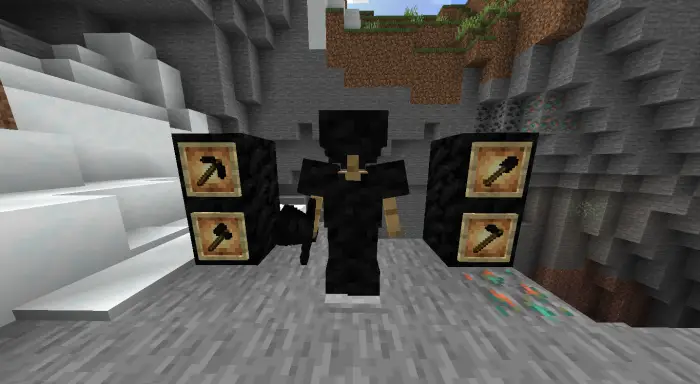 Character in black armor with tool displays