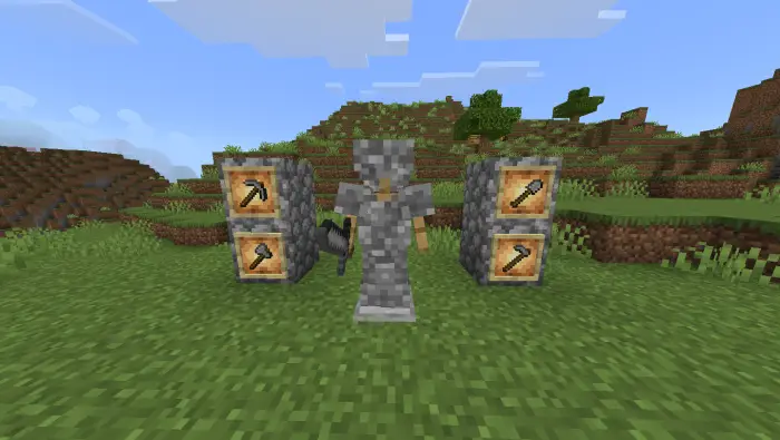 Stone armor set and tools display outdoors