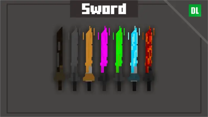 Pixel swords in seven vibrant colors displayed