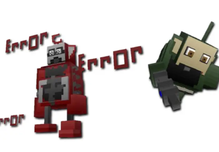 Blocky animatronics with glitchy error text