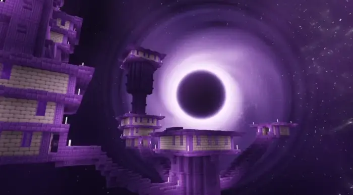 Purple fortress with a glowing black hole sky