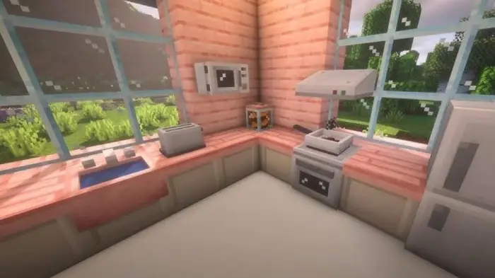 Modern blocky kitchen with appliances and windows