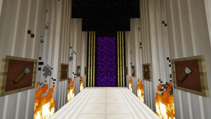 Purple portal hallway with flames and item frames