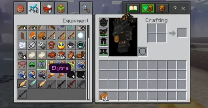 Game inventory with new armor sets displayed.