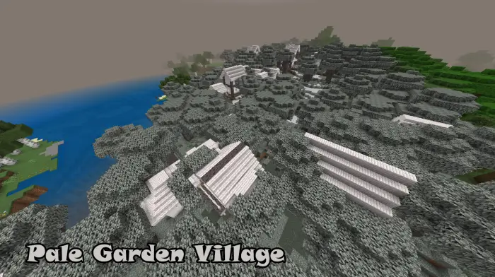 Snowy village with pale trees and houses