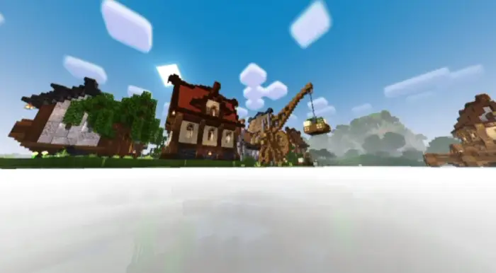 Village with dynamic lighting and reflections