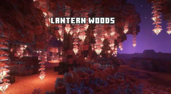 Glowing pink forest biome with hanging lights
