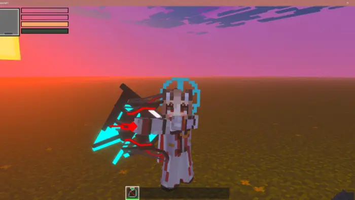 Character holding glowing sci-fi sword at sunset