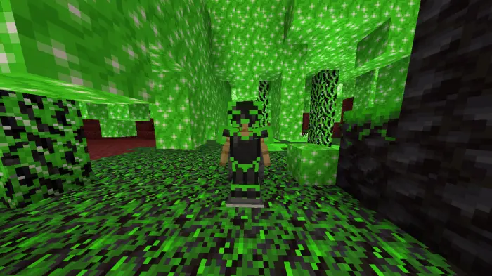 Player stands in a glowing green biome.