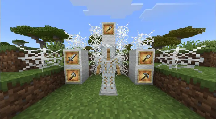 Armor stand with tools and swords display