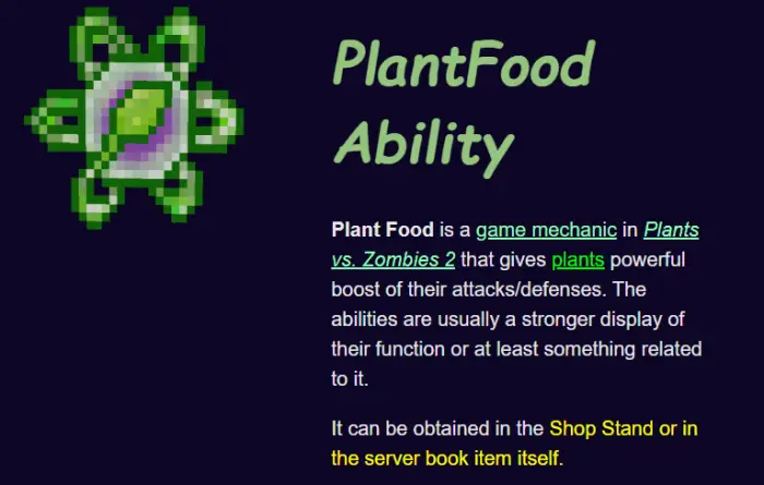 Pixel art plant food icon and ability text