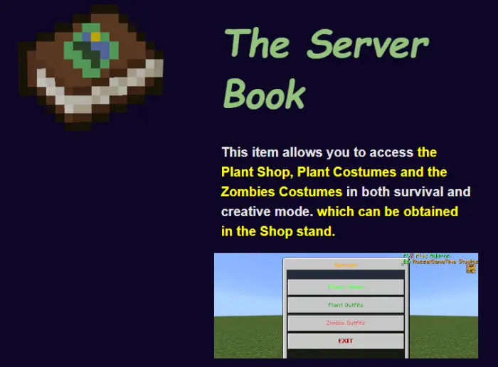 Pixel book icon and server menu interface.