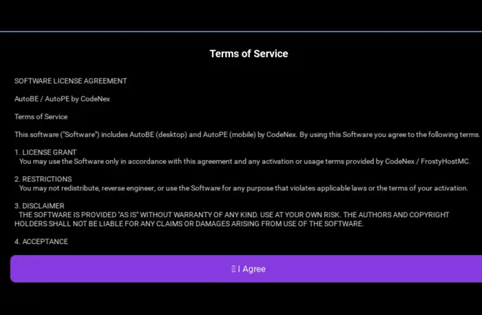 ALT Terms of Service screen with Agree button