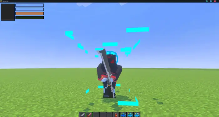 Character holding glowing sword on grassy field