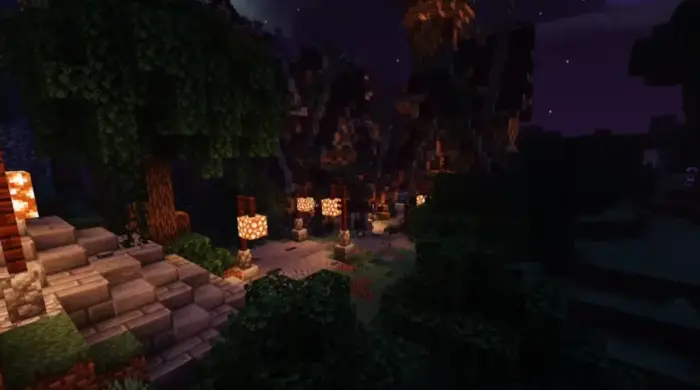 Night scene with glowing lamps and soft shadows